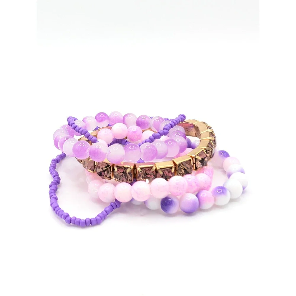 6pc Purple Beaded Stretch Bracelet Stack Gold Tone Crystal Accents Boho